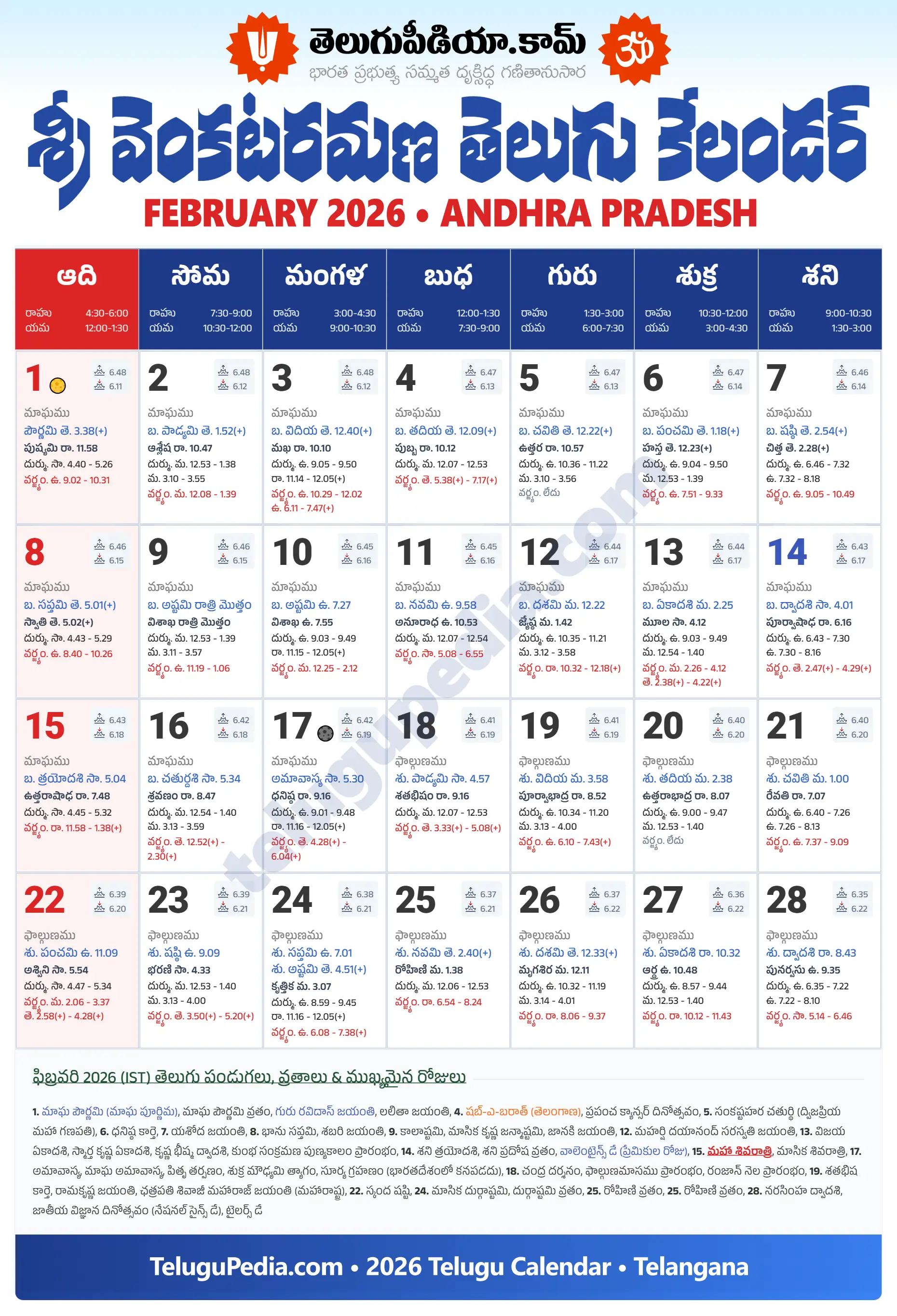 Telugu Calendar 2026 February Andhra Pradesh