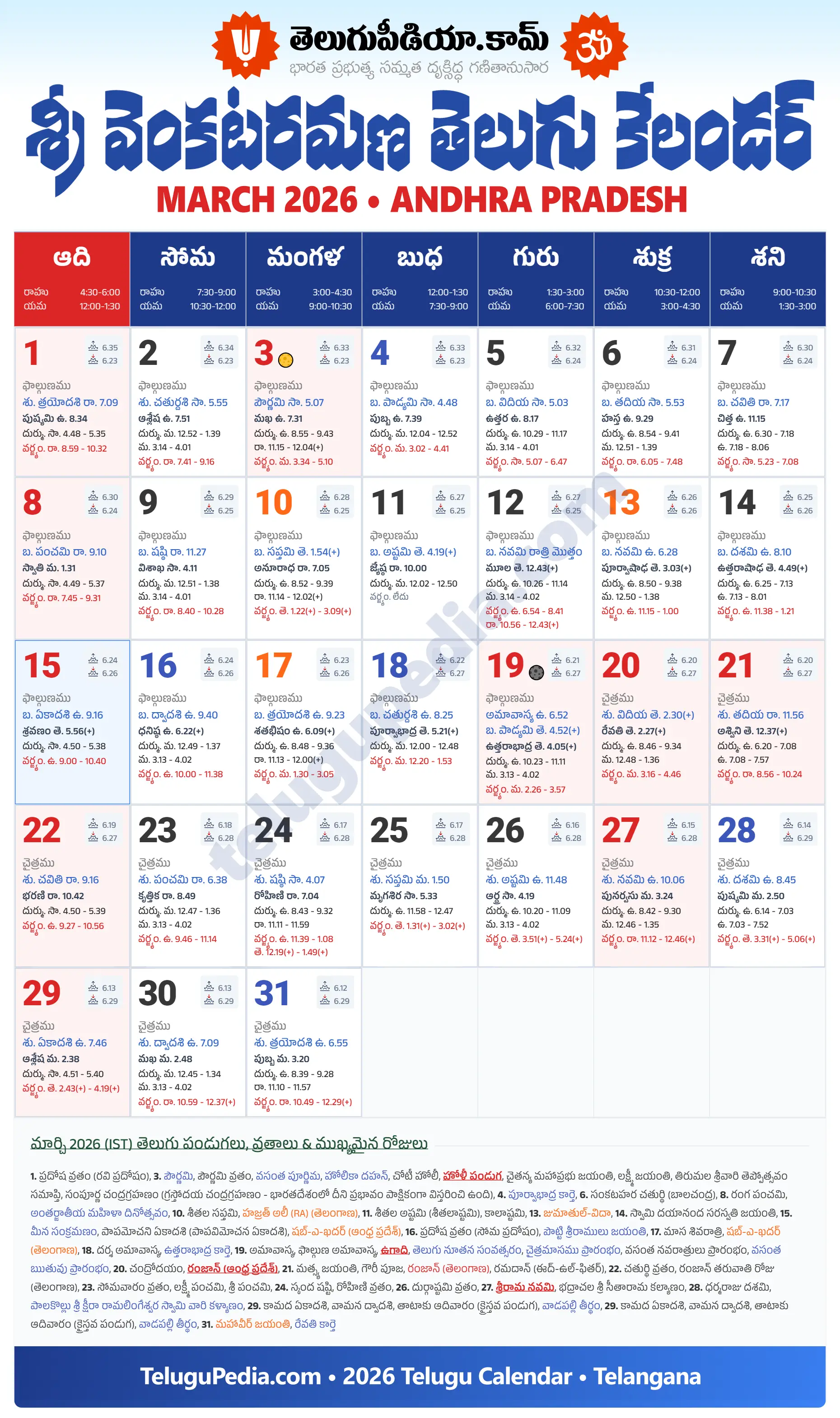 Telugu Calendar 2026 March Andhra Pradesh