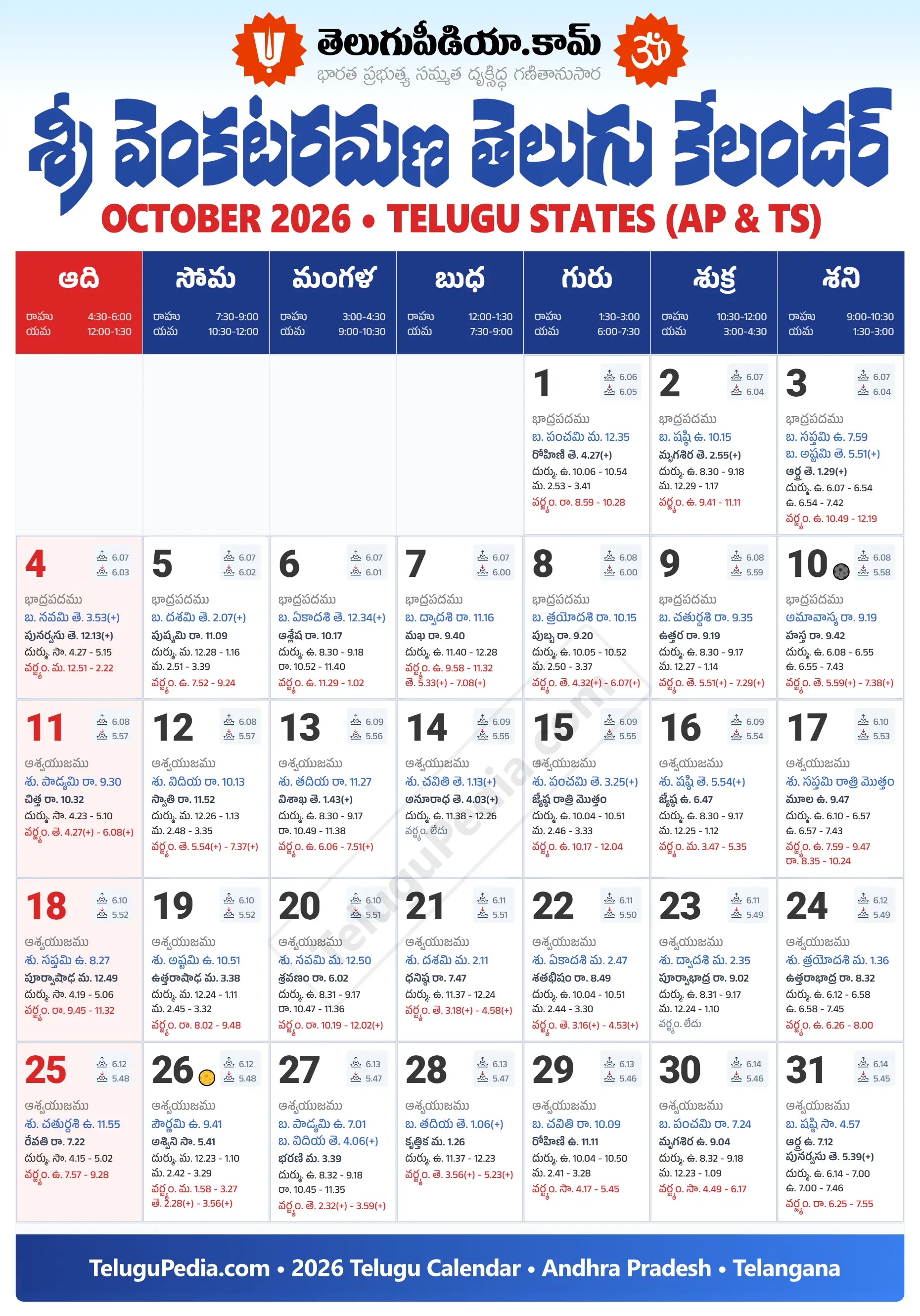 Telugu Calendar 2026 October Andhra Pradesh