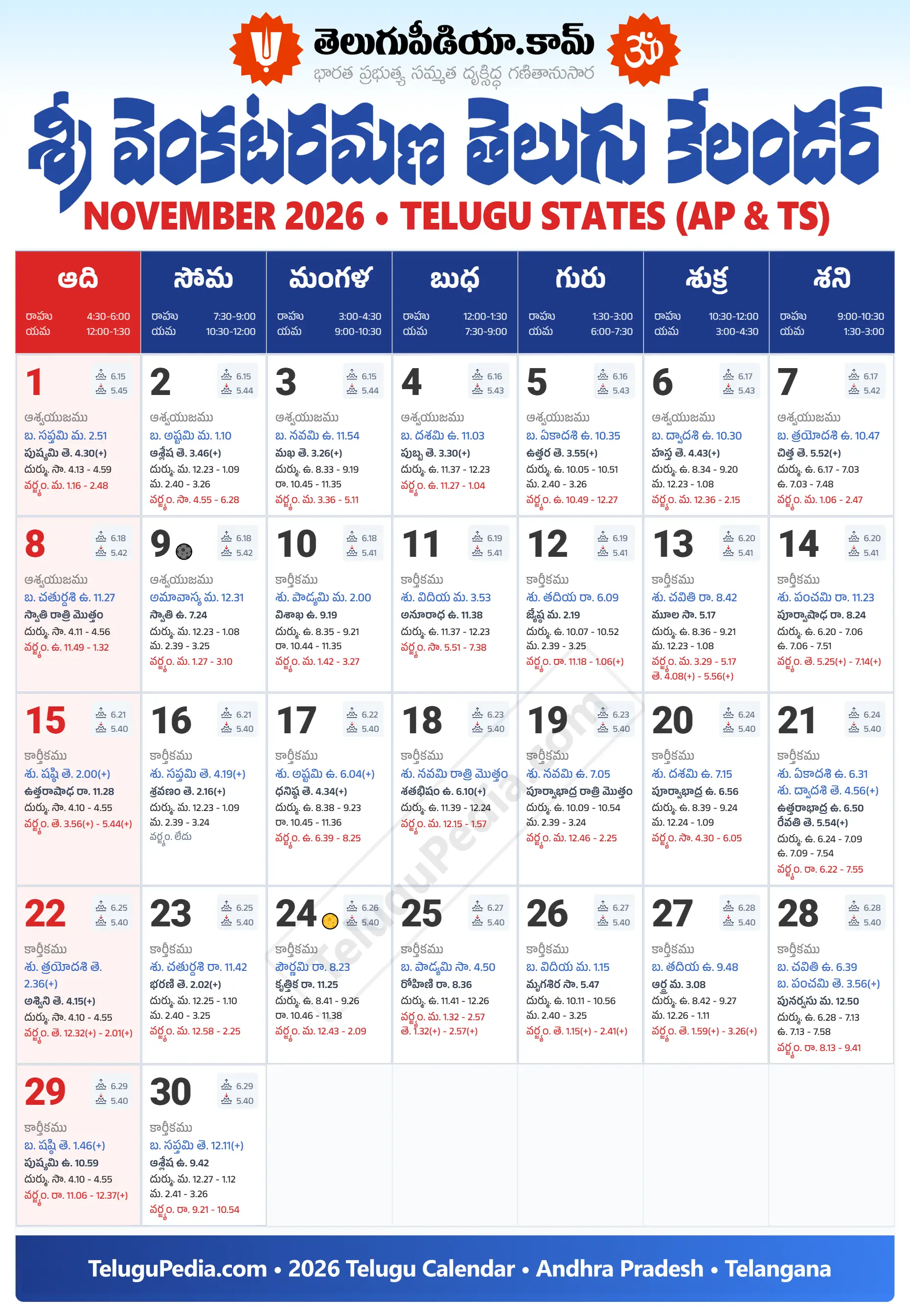 Telugu Calendar 2026 November Andhra Pradesh