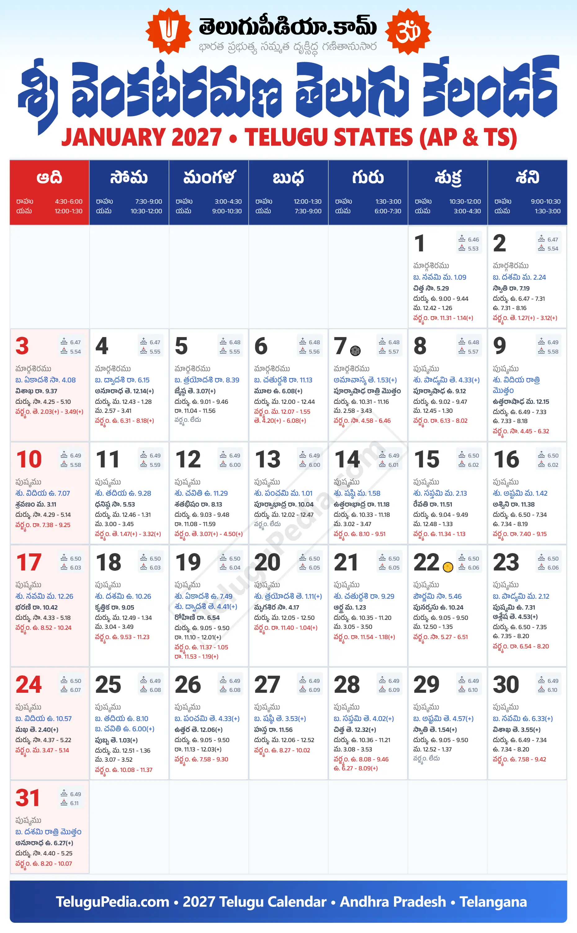 Telugu Calendar 2027 January Telangana