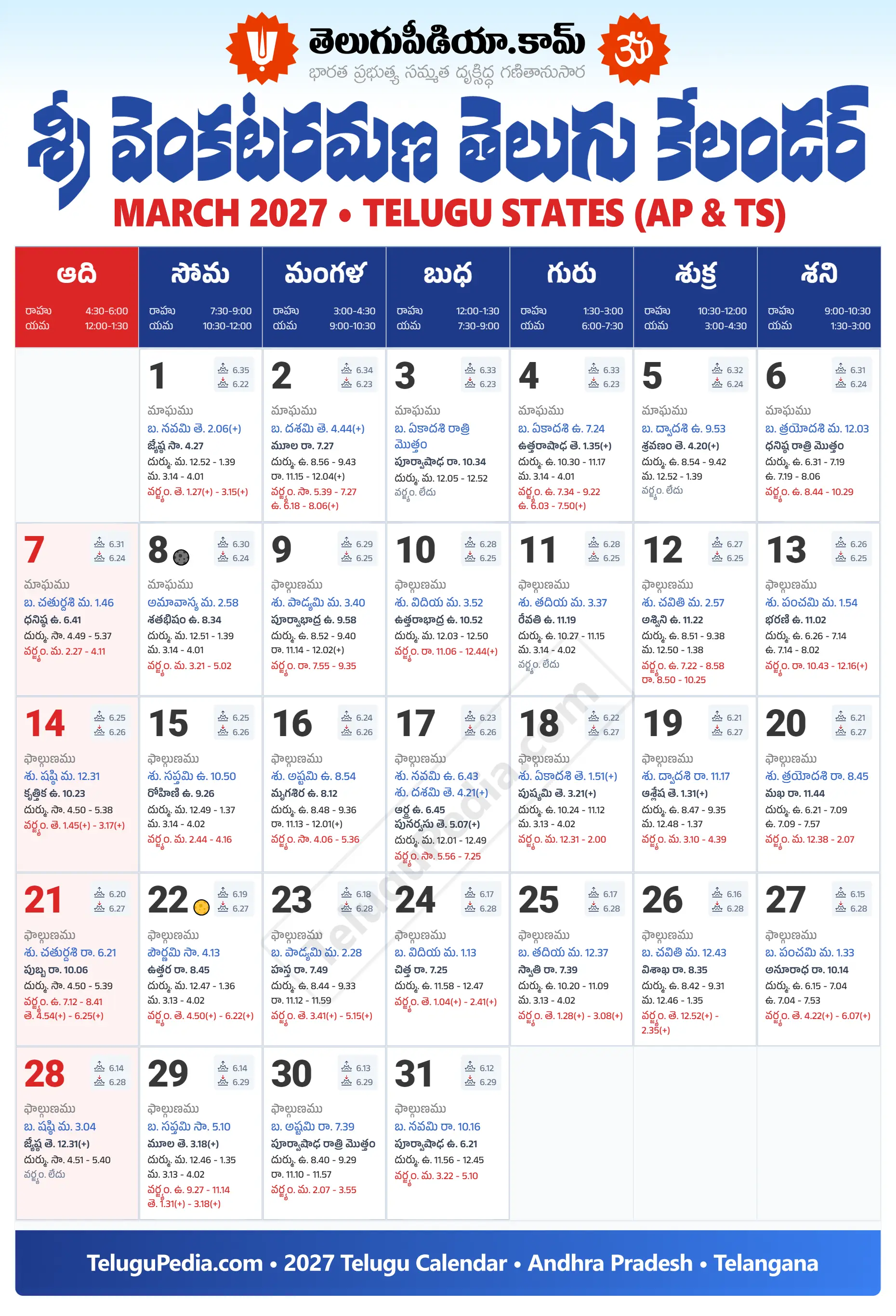 Telugu Calendar 2027 March Telangana